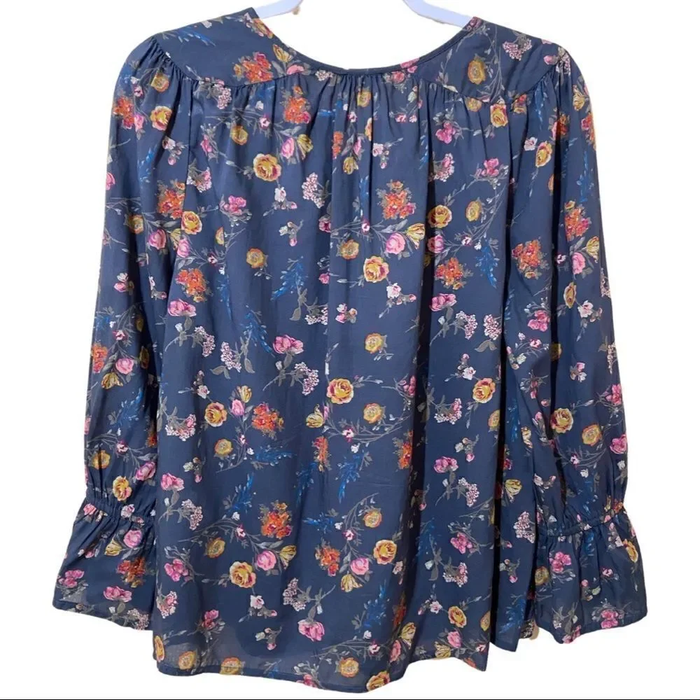 Lucky Brand Boho Blue Gray Floral Peasant Top - Picture 2 of 5